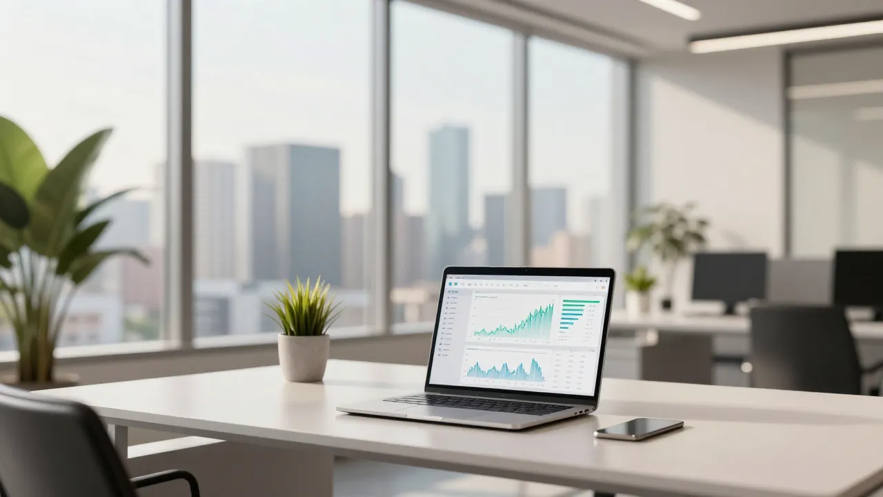 Modern office with financial dashboard on laptop screen